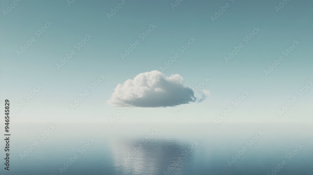 Poster conceptual image showcasing a single cloud floating serenely in a vast cloudless sky with intricate 