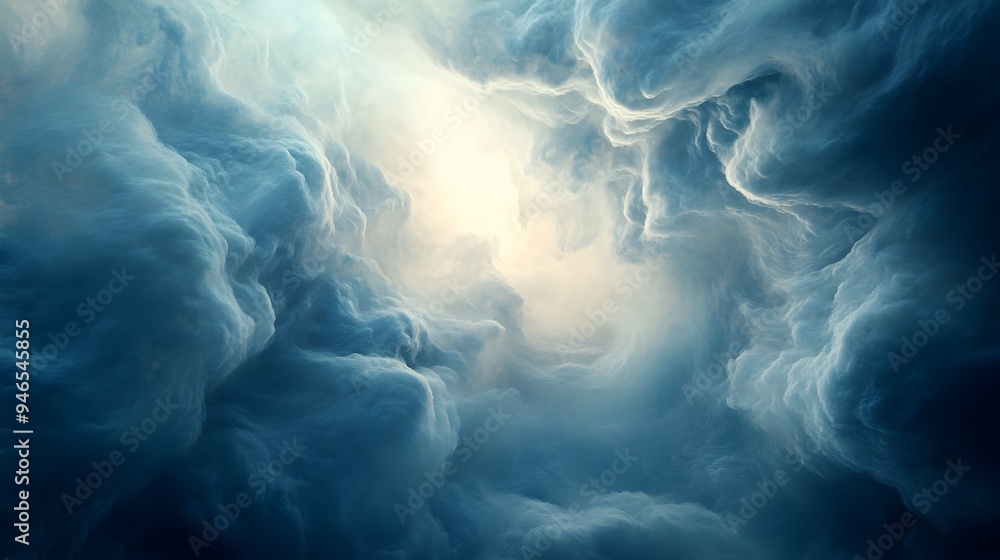 Poster conceptual image of wispy ethereal cloud formations swirling together in abstract fluid shapes and p
