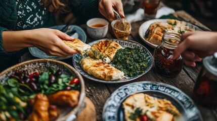 A close-up, shoulder-to-shoulder view of two buddies enjoying a borek patty with spinach. Turkish breakfasts are rich and traditional. Olive, sucuk sausage, tea, honey, jar, and olive oil.