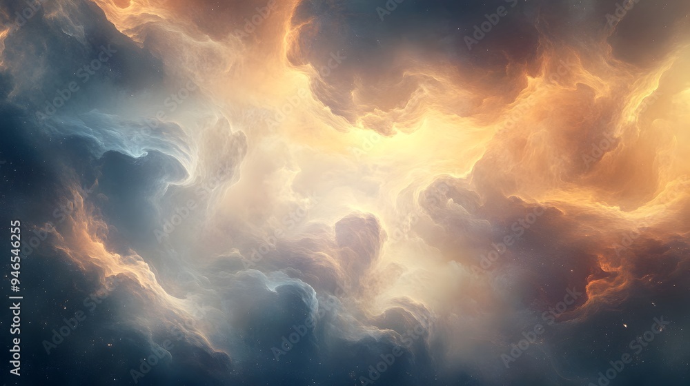 Poster conceptual image of ethereal swirling cloud formations creating abstract shapes and forms with warm 