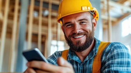 A cheerful man in a hard hat and vest is using his smartphone at a construction site, embodying efficiency, connectivity, and a positive outlook on his workday.