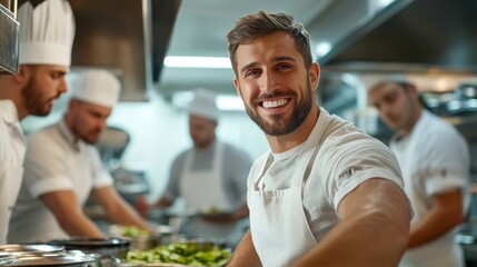 A smiling chef in a busy kitchen, wearing a white uniform and apron, as his team prepares food behind him, creating a lively and productive culinary environment.
