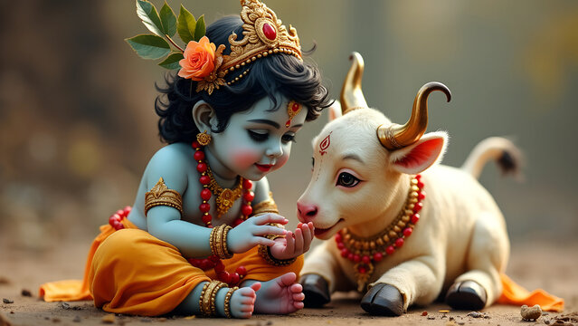 Cute little baby Krishna with sacred cow. Hindu god Lord Krishna with calf. Krishna Janmashtami, Govardhan Puja, Vasubaras. Indian religious festival