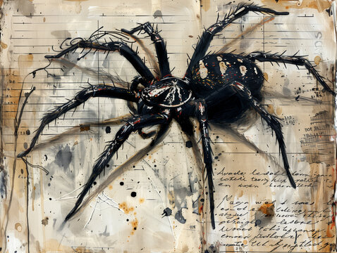   spider on vintage backgraund black tarantula on the old book page for junk journal,scrap collage ephemera