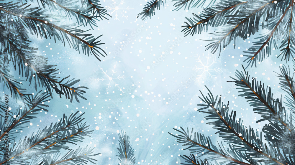 Poster snowfall creates a serene and magical winter scene with pine branches