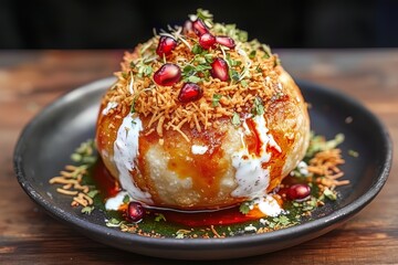 Vibrant Indian Raj Kachori with Yogurt and Chutneys: A Delectable Street Food Experience