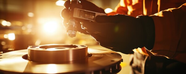 Mechanic measuring brake disc with precision digital caliper in a sunlit workshop for accurate automotive repairs
