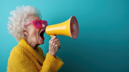 Profile view of an elderly woman with curly white hair, dressed in a yellow sweater using a yellow megaphone against a blue background.
