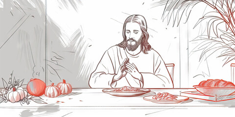 A simple line drawing of Jesus giving thanks before a meal, focusing on the spiritual aspect of everyday life.