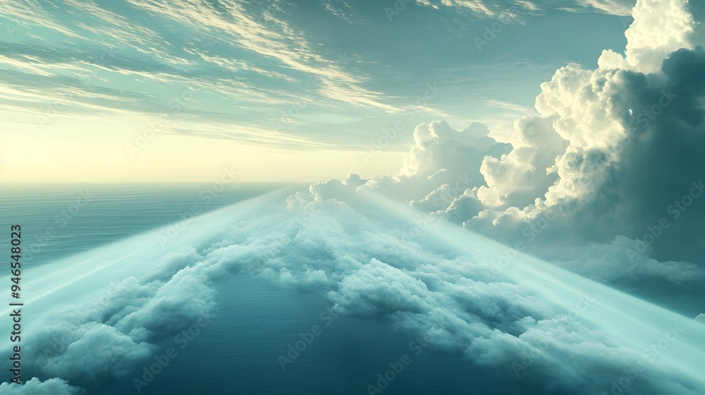 Poster conceptual image of a wispy cloud formation stretching across the horizon with vivid light rays brea