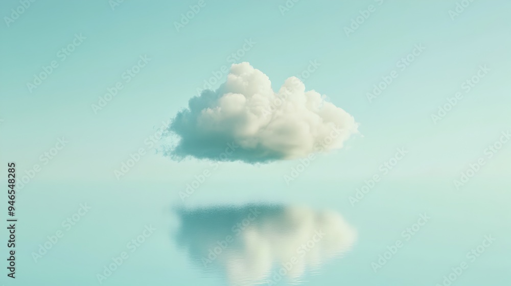 Poster a conceptual image depicting a single cloud floating in a vast clear sky with subtle patterns formin