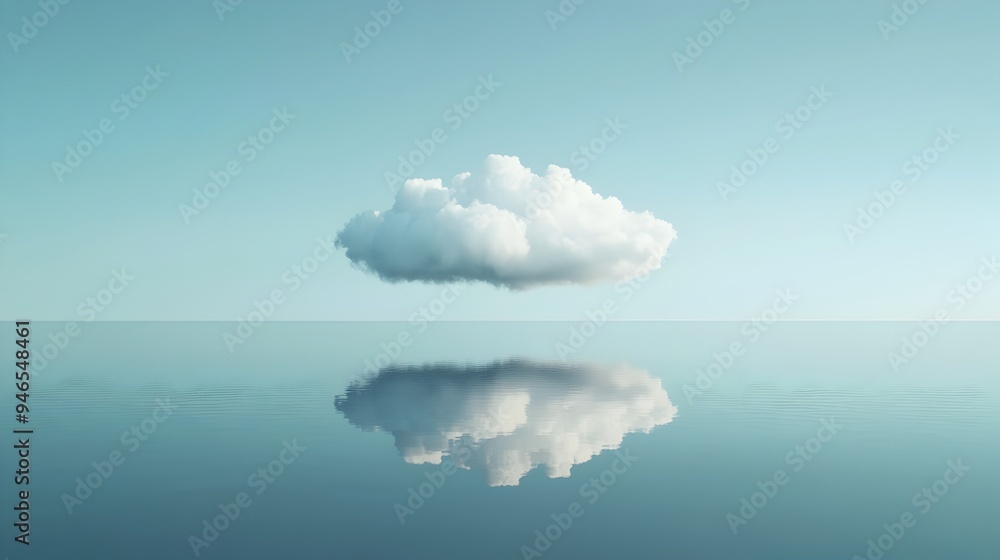 Poster a conceptual image showcasing the serene reflection of a hovering cloud above a tranquil mirrored su