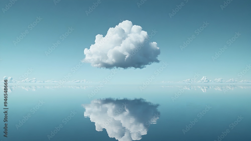 Poster a conceptual image showcasing an ethereal cloud hovering above a reflective surface creating a mesme
