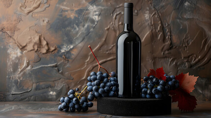 wine bottle with black grapes on the copper background, mockup	