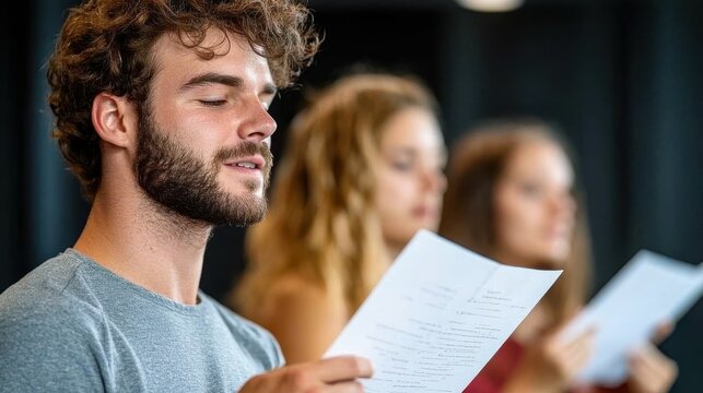 A young man with curly hair intently reads a script during a class with fellow actors, highlighting concentration and dedication to their craft in a learning environment.