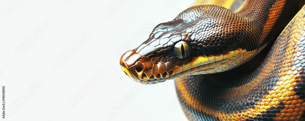 Poster close-up of a python's intricately patterned and textured body against a plain background, highlight