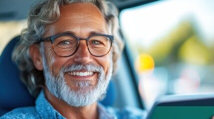 An older man with gray hair is engrossed in using a digital tablet while sitting inside a modern vehicle, illustrating the integration of technology into daily life across all ages.