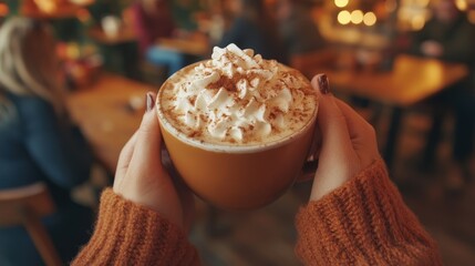 Close-up of hands holding a mug of whipped cream-topped hot drink, cozy café ambiance with warm lighting