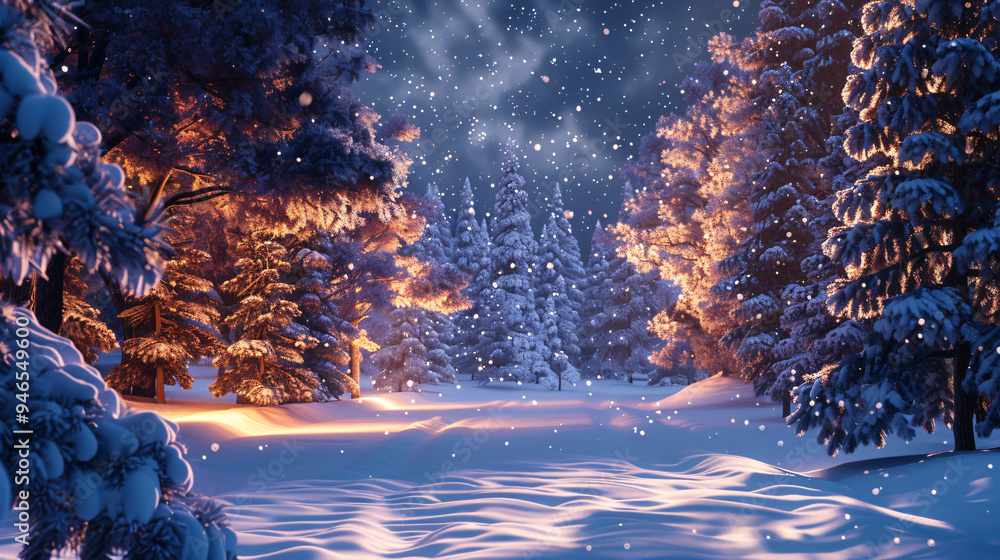 Poster Snow is gently falling on a snowy path illuminated by the warm light of the setting sun in a coniferous forest