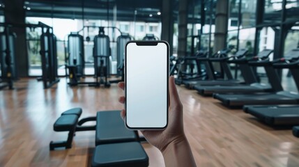 hand holding a blank white mobile phone screen inside a sunlit modern gym with fitness machines in the background, perfect for design, mockups