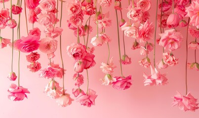 delicate pink flowers hanging symmetrically against a pastel pink background creating a romantic and soft floral composition with ranunculus and roses