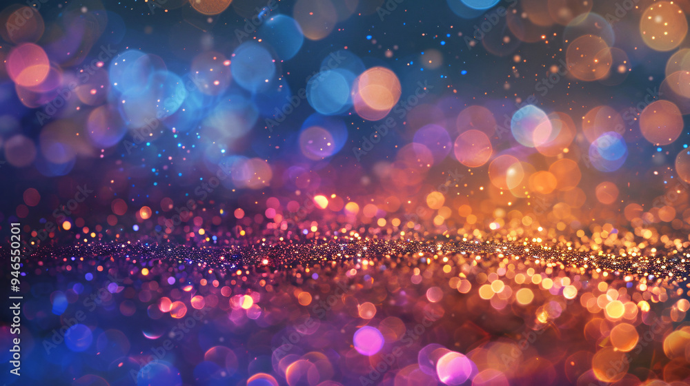 Poster vibrant bokeh lights and glitters in abstract background, evoking a festive and enchanting ambiance