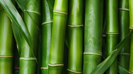 Fototapeta premium A detailed close-up of vibrant green bamboo stalks intertwined with fresh leaves. The smooth texture and natural sheen of the bamboo are prominently displayed, emphasizing the rich green hues