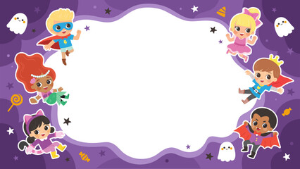 Obraz premium Children dressed in Halloween costumes to go Trick or Treating. Halloween costume kids in spooky holiday. Template for advertising brochure.