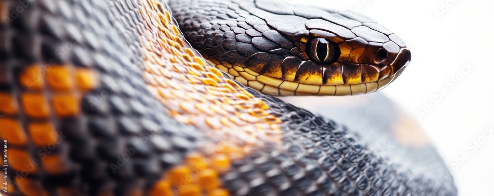 Poster detailed close-up of a snake's vibrant belly scales with intricate patterns showing the texture and 