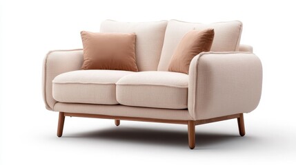 A comfy beige sofa with brown pillows, ensuring a minimalist and stylish appearance, perfect for relaxing and enjoying a serene atmosphere within a modern home setting.