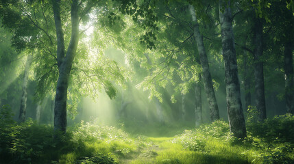 Obraz premium A tranquil forest scene with soft sunlight filtering through the trees, gentle breeze moving the leaves.