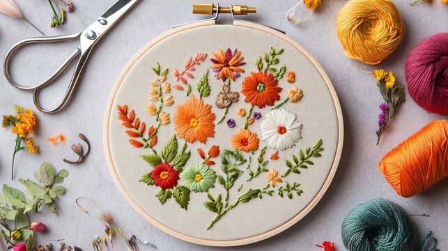Embroider your way to relaxation with this complete embroidery set. The beige cotton cloth, elegantly stretched within the embroidery hoop, invites your creative touch. 