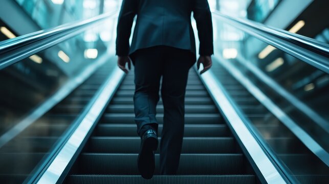 A man in a suit is seen ascending an escalator in a modern setting from the backside. The image focuses on his progress and the sleek design of the escalator. - Powered by Adobe