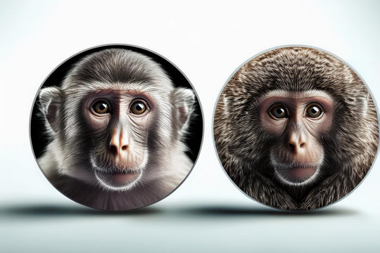 Two different species of monkey faces in round frame. Primates, mammals and infectious diseases concept. Monkeys created with generative AI tools.