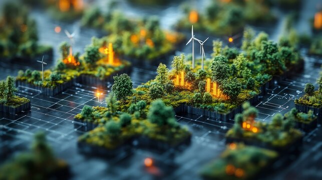 A holographic display presents various ecosystems with wind turbines, emphasizing environmental sustainability in a futuristic setting. - Powered by Adobe