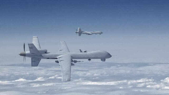 Unmanned military airplanes fly in the sky. Close up on unmanned drones flying above the clouds.