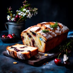 Delicious Almond Tea Bread with fresh cherries, Almond cherry cake