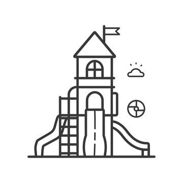 recommend clip art: Line art illustration of a playground tower with slide and ladder