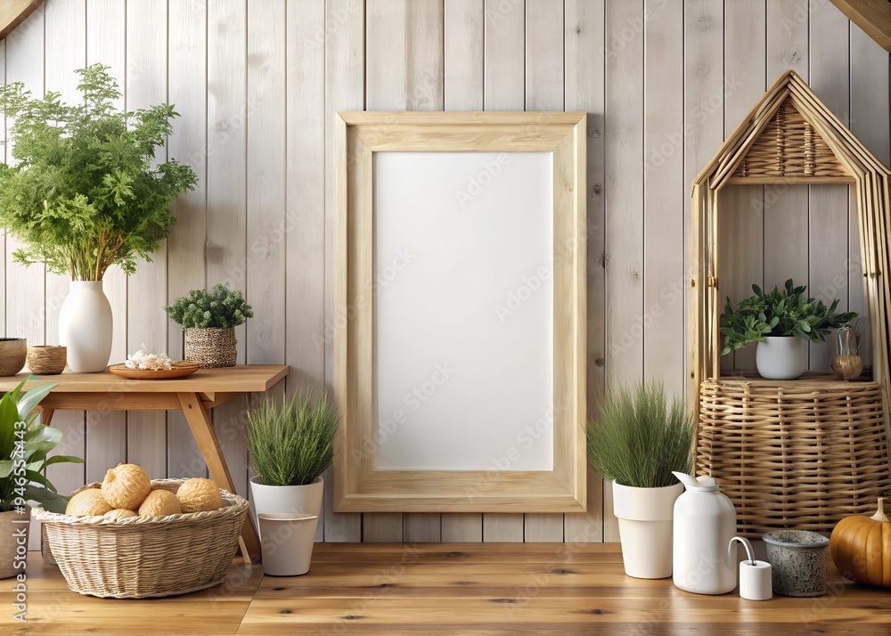 Wall mural mockup frame in farmhouse room interior illustration