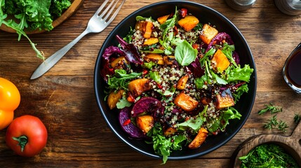 A flat lay of a vibrant autumnal salad, with roasted root vegetables, quinoa, and a tangy balsamic dressing, on a wooden table