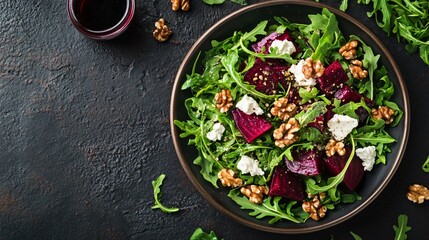 A flat lay of a vibrant beet salad with arugula, goat cheese, and candied walnuts, served on a dark, textured surface