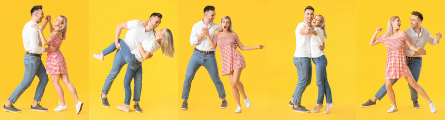 Set of dancing young couples on yellow background