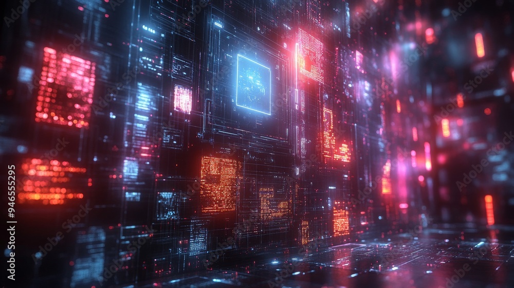 Poster a vibrant array of holographic representations illuminates a sophisticated digital setting, highligh