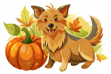 Autumn, dog with pumpkin, watercolor clipart illustration with isolated background.
