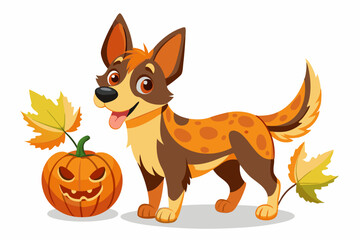 Autumn, dog with pumpkin, watercolor clipart illustration with isolated background.
