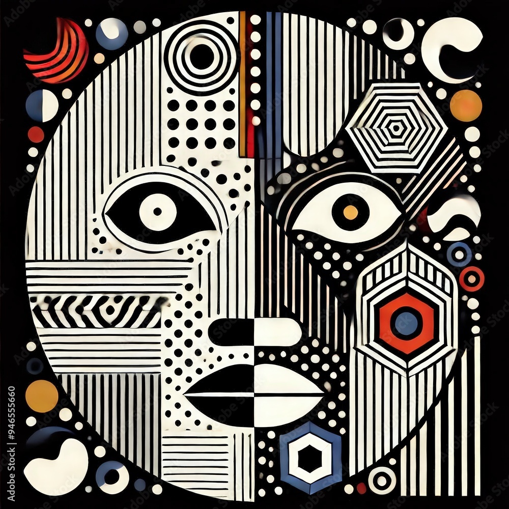 Fototapete a stylized face design filled with geometric shapes and patterns stands out against a dark backgroun