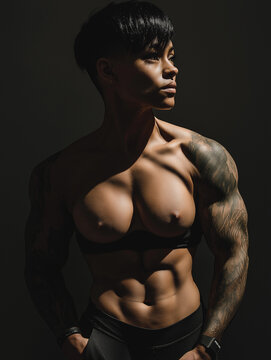 Muskul&ouml;se Bodybuilderin posiert im dunklen Fotostudio. Dramatische Lowkey-Beleuchtung betont definierte Muskeln. Kraftvolle Silhouette vor schwarzem Hintergrund