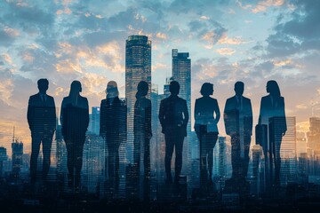 People standing in city skyline double exposure created with Generative AI