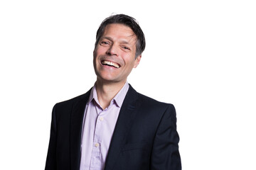 Middle-aged man smiling at the camera, on white background, wearing formal clothes.