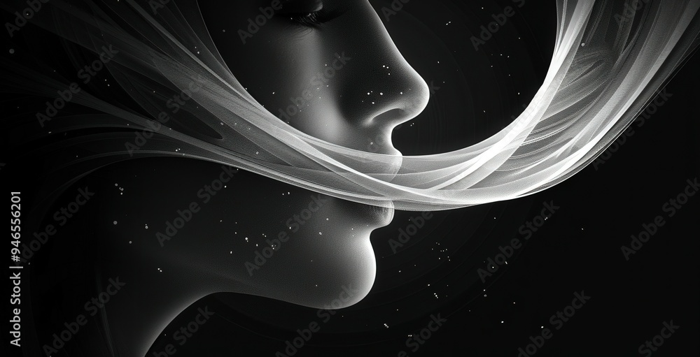 Aufkleber the graceful profile of a woman is highlighted as delicate wisps of fabric swirl around her, creatin